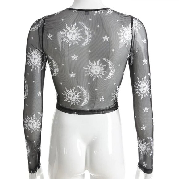 Sheer Black Mesh Crop Top W/ Sun & Moon Celestial Print & Long Sleeves – NWT - Picture 3 of 8